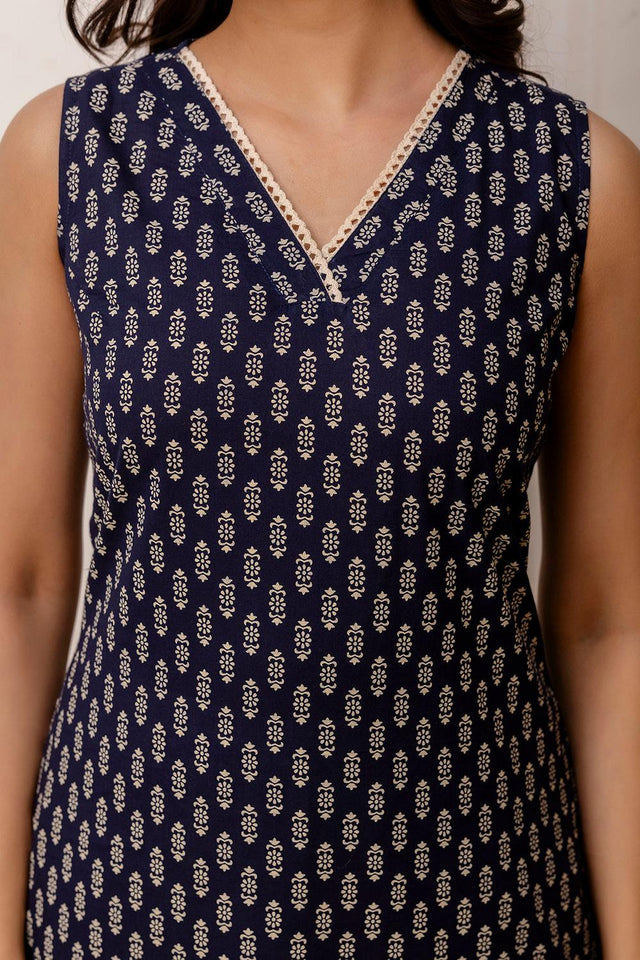 Navy Blue Printed Cotton Kurti (AM-HKS0959)