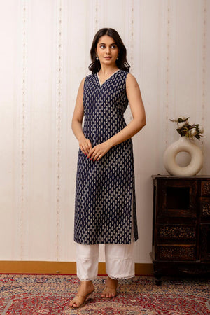 Navy Blue Printed Cotton Kurti (AM-HKS0959)