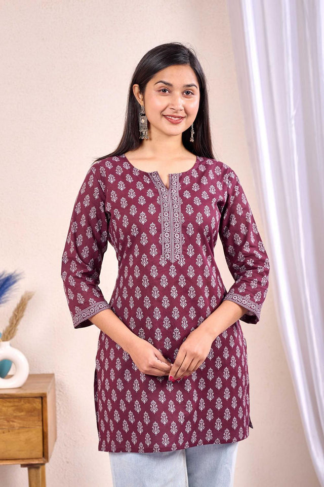 Maroon Printed Cotton Tunic (AM-HKS0975)