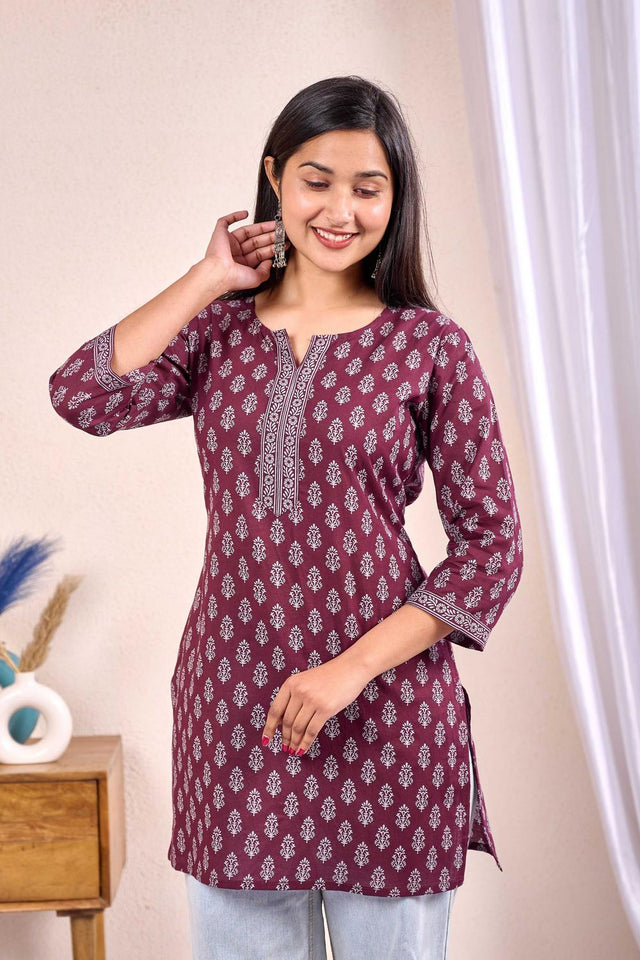 Maroon Printed Cotton Tunic (AM-HKS0975)