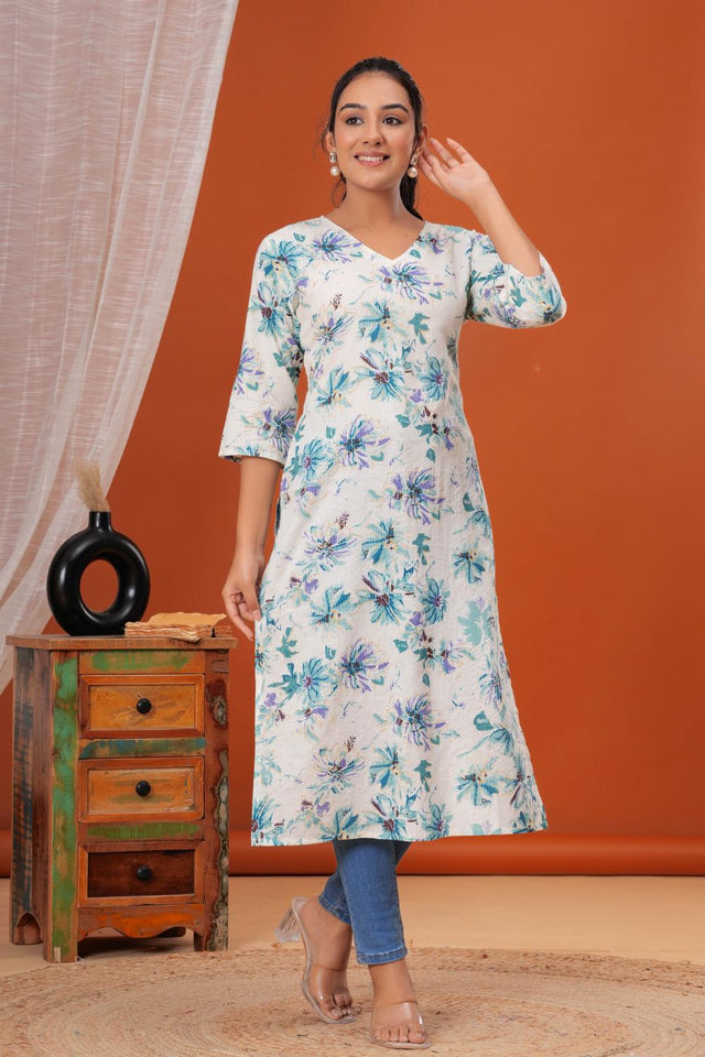 Off White Printed Cotton Kurti (AM-HKS0984)