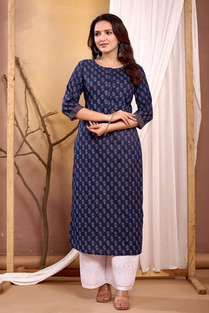 Navy Blue Printed Cotton Kurti (AM-HKS0998)