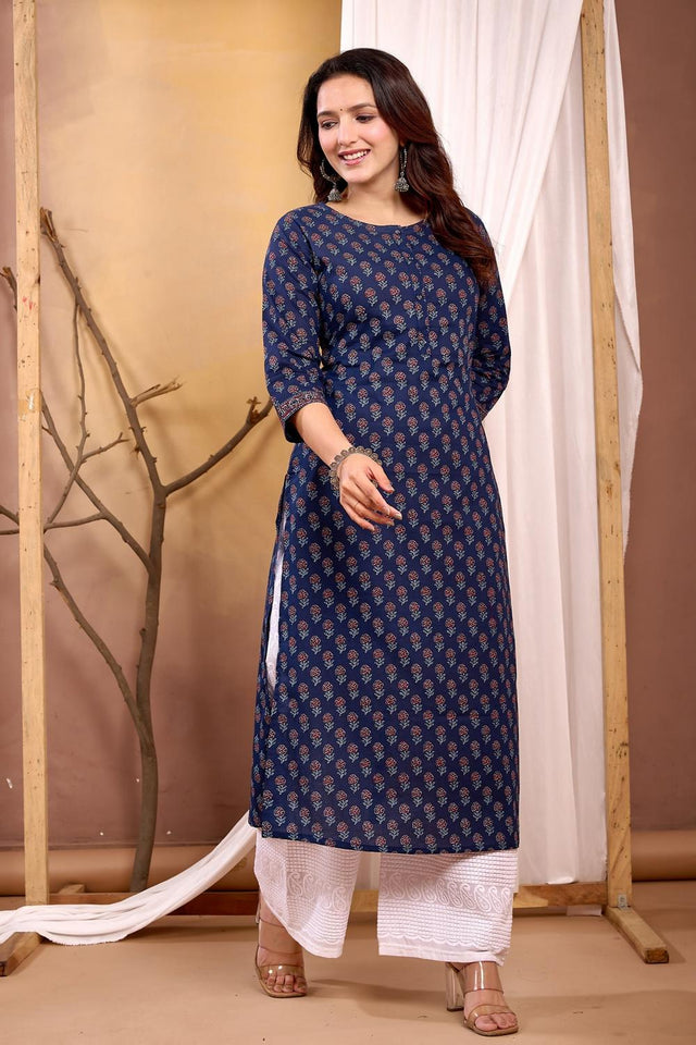 Navy Blue Printed Cotton Kurti (AM-HKS0998)