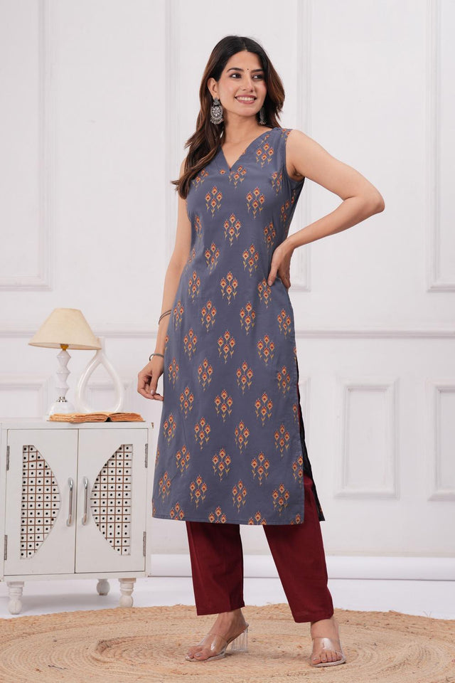 Grey Printed Cotton Kurti (AM-HKS0999)