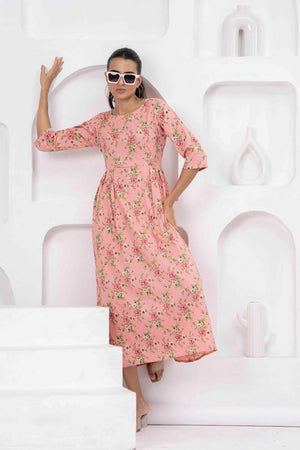 Peach Printed Polyester Dress (AM-HKS1021)