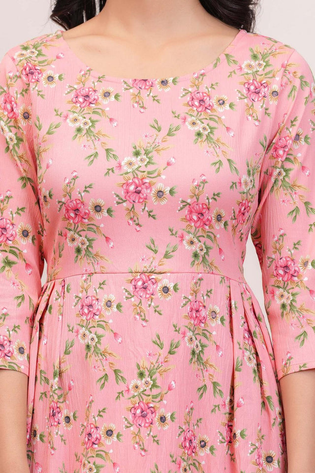 Peach Printed Polyester Dress (AM-HKS1021)