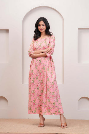 Peach Printed Polyester Dress (AM-HKS1021)