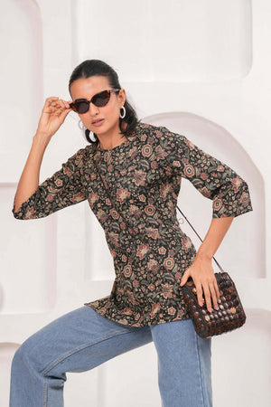 Black Printed Cotton Tunic (AM-HKS1060)