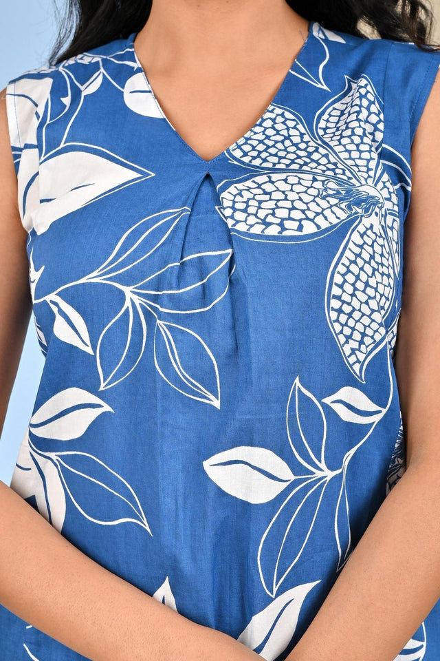 Blue Printed Cotton Dress (AM-HKS1064)