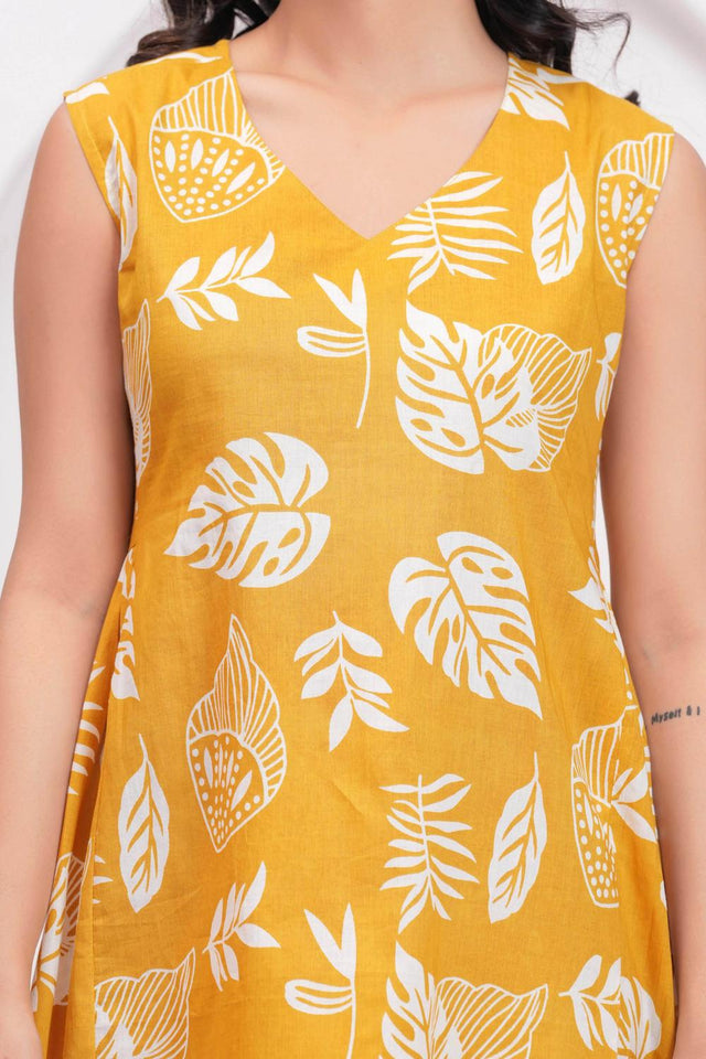 Yellow Printed Cotton Dress (AM-HKS1065)