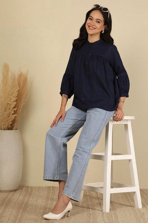 Navy Blue Solid Polyester Top (AM-HKS1068)