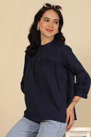 Navy Blue Solid Polyester Top (AM-HKS1068)