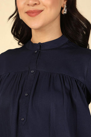 Navy Blue Solid Polyester Top (AM-HKS1068)