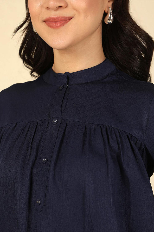 Navy Blue Solid Polyester Top (AM-HKS1068)