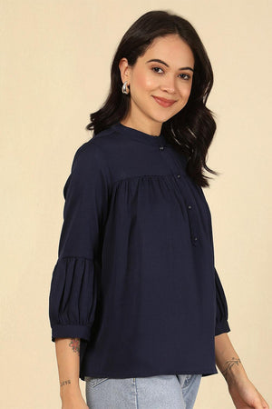 Navy Blue Solid Polyester Top (AM-HKS1068)