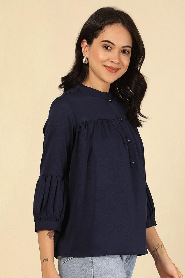 Navy Blue Solid Polyester Top (AM-HKS1068)