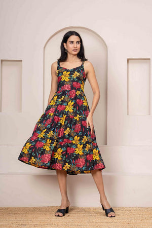 Black Printed Cotton Dress (AM-HKS1075)