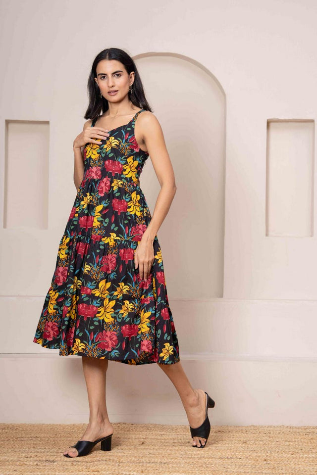 Black Printed Cotton Dress (AM-HKS1075)