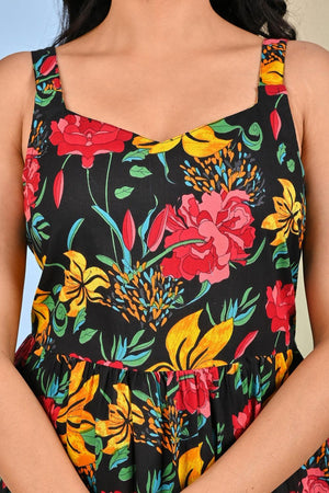 Black Printed Cotton Dress (AM-HKS1075)
