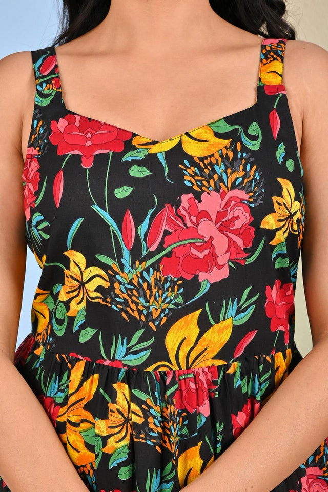 Black Printed Cotton Dress (AM-HKS1075)