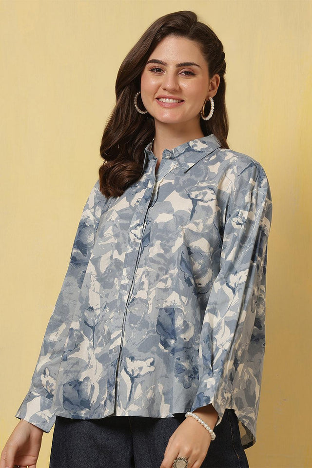 Blue Printed Cotton Shirt (AM-HKS1085)