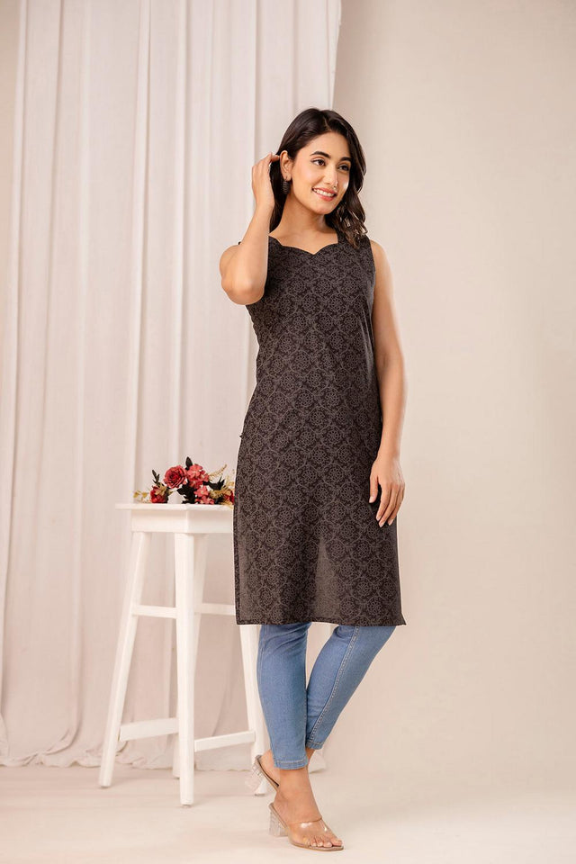 Black Printed Cotton Kurti (AM-HKS1091)