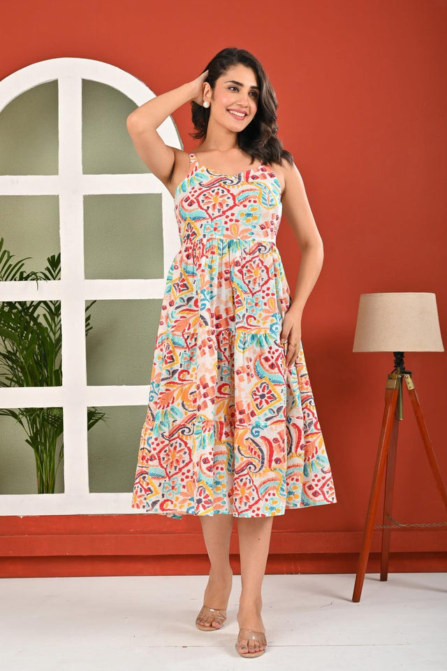 Multi Color Printed Cotton Dress (AM-HKS1096)