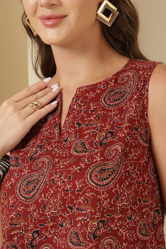 Maroon Printed Cotton Top (AM-HKS1130)