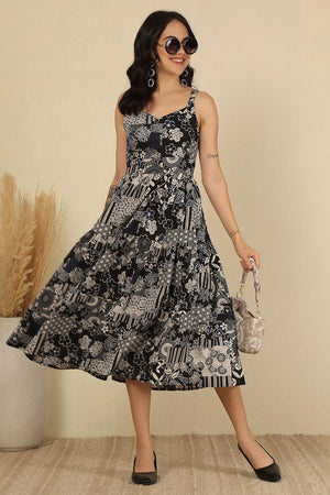 Black Printed Cotton Dress (AM-HKS1158)