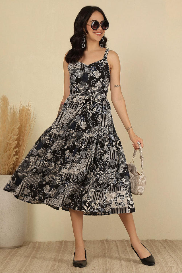 Black Printed Cotton Dress (AM-HKS1158)