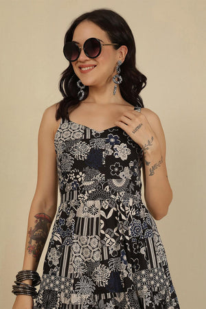 Black Printed Cotton Dress (AM-HKS1158)
