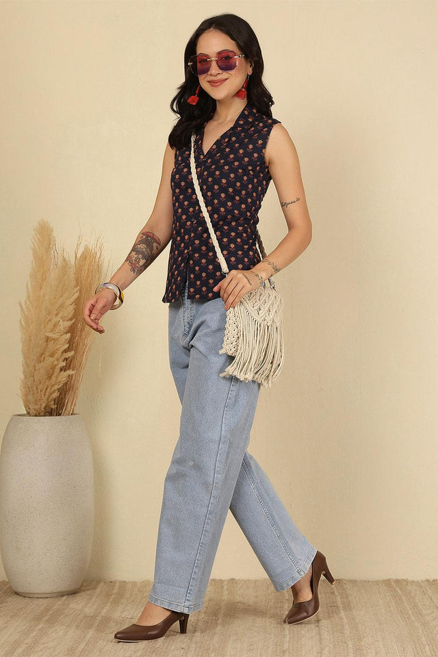 Blue Printed Cotton Top (AM-HKS1163)
