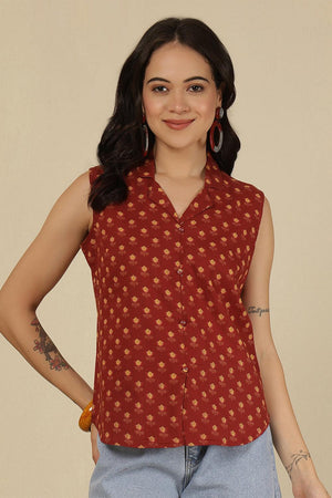 Maroon Printed Cotton Top (AM-HKS1164)