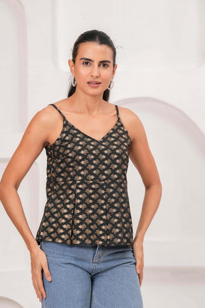 Black Printed Cotton Top (AM-HKS1187)