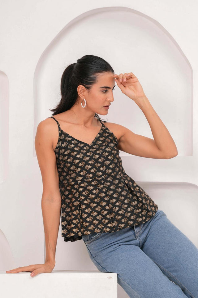 Black Printed Cotton Top (AM-HKS1187)