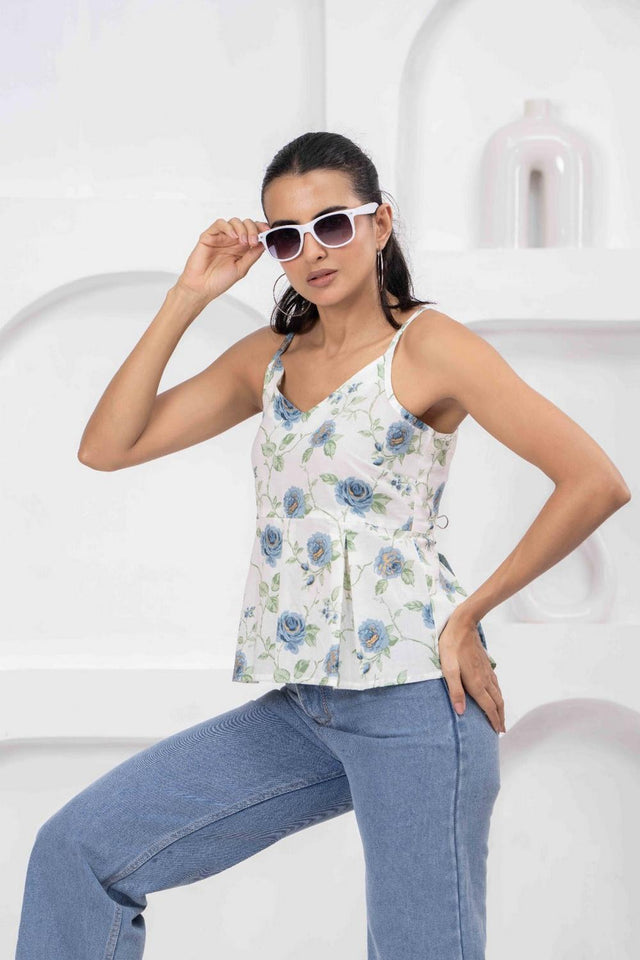 White Printed Cotton Top (AM-HKS1188)