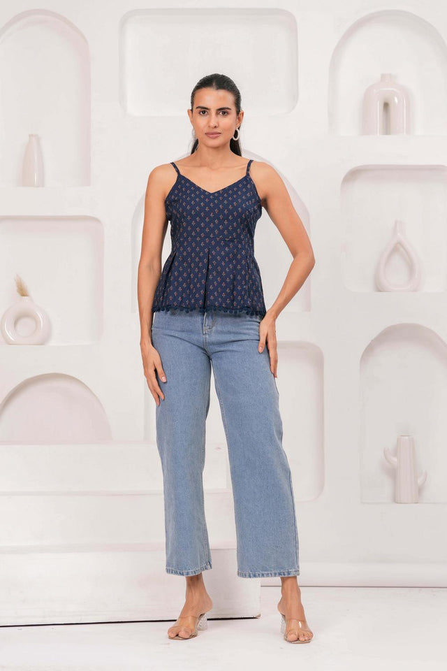 Navy Blue Printed Cotton Top (AM-HKS1191)