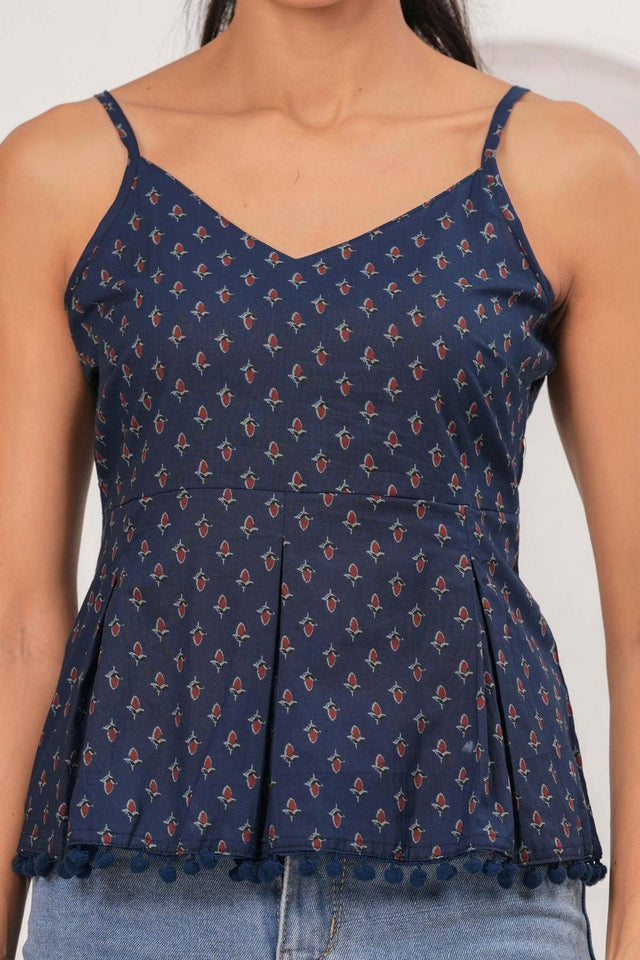 Navy Blue Printed Cotton Top (AM-HKS1191)