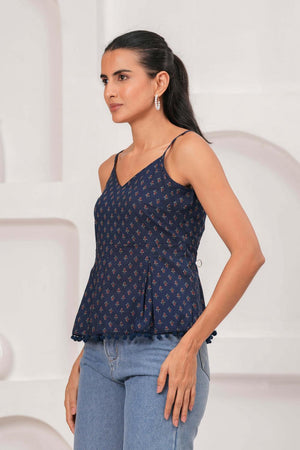 Navy Blue Printed Cotton Top (AM-HKS1191)