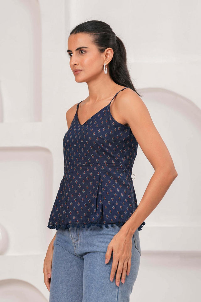 Navy Blue Printed Cotton Top (AM-HKS1191)