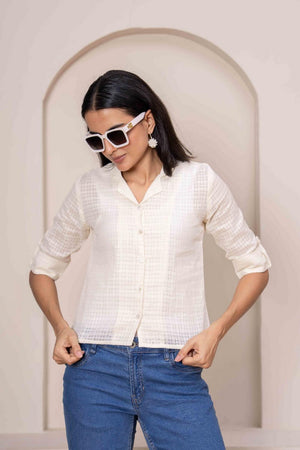 Cream Printed Cotton Top (AM-HKS1193)