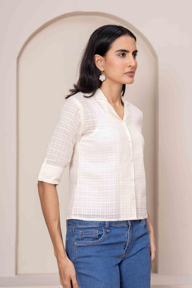 Cream Printed Cotton Top (AM-HKS1193)