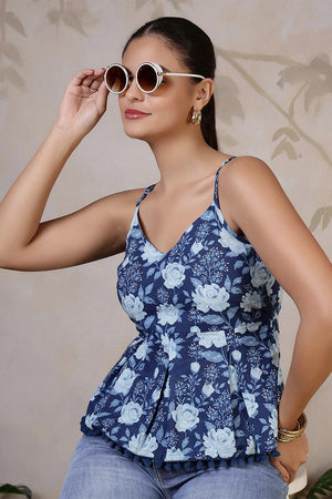 Blue Printed Cotton Top (AM-HKS1200)