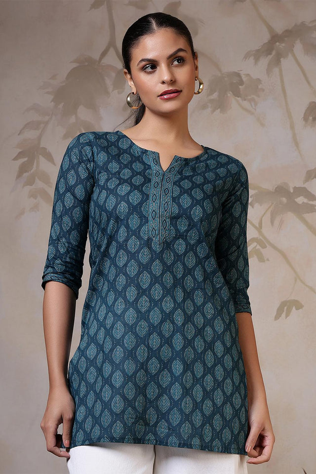 Turquoise Printed Cotton Tunic (AM-HKS1207)