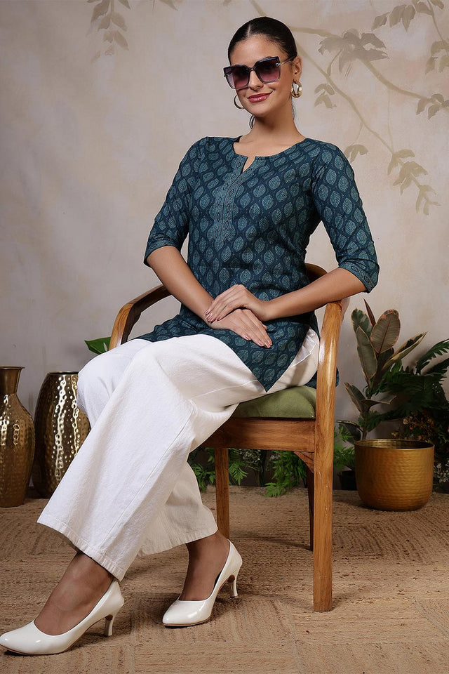 Turquoise Printed Cotton Tunic (AM-HKS1207)