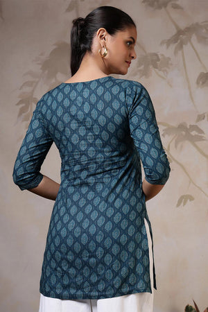 Turquoise Printed Cotton Tunic (AM-HKS1207)