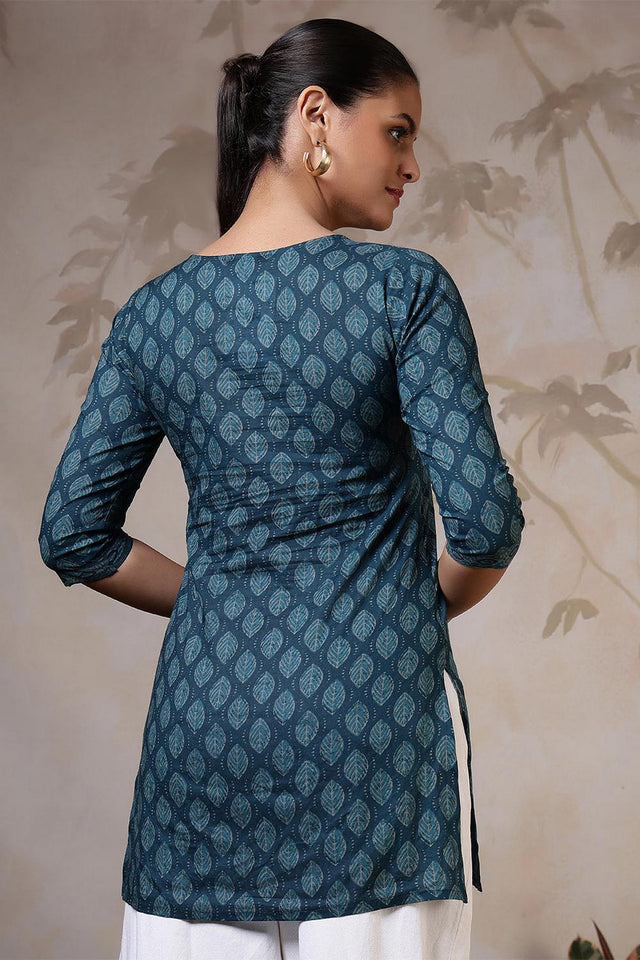 Turquoise Printed Cotton Tunic (AM-HKS1207)
