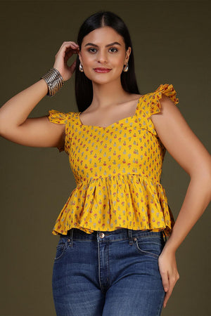 Yellow Printed Cotton Top (AM-HKS1209)