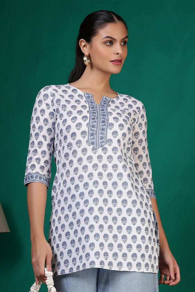 Off White Printed Cotton Tunic (AM-HKS1214)