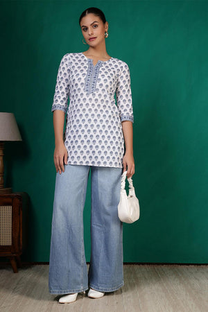 Off White Printed Cotton Tunic (AM-HKS1214)